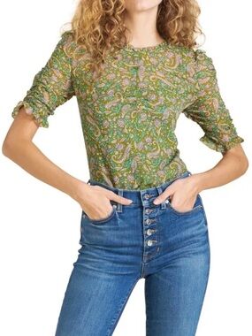 Veronica Beard Silk Paisley Blouse Green Ruffle Sleeve Top Size 8